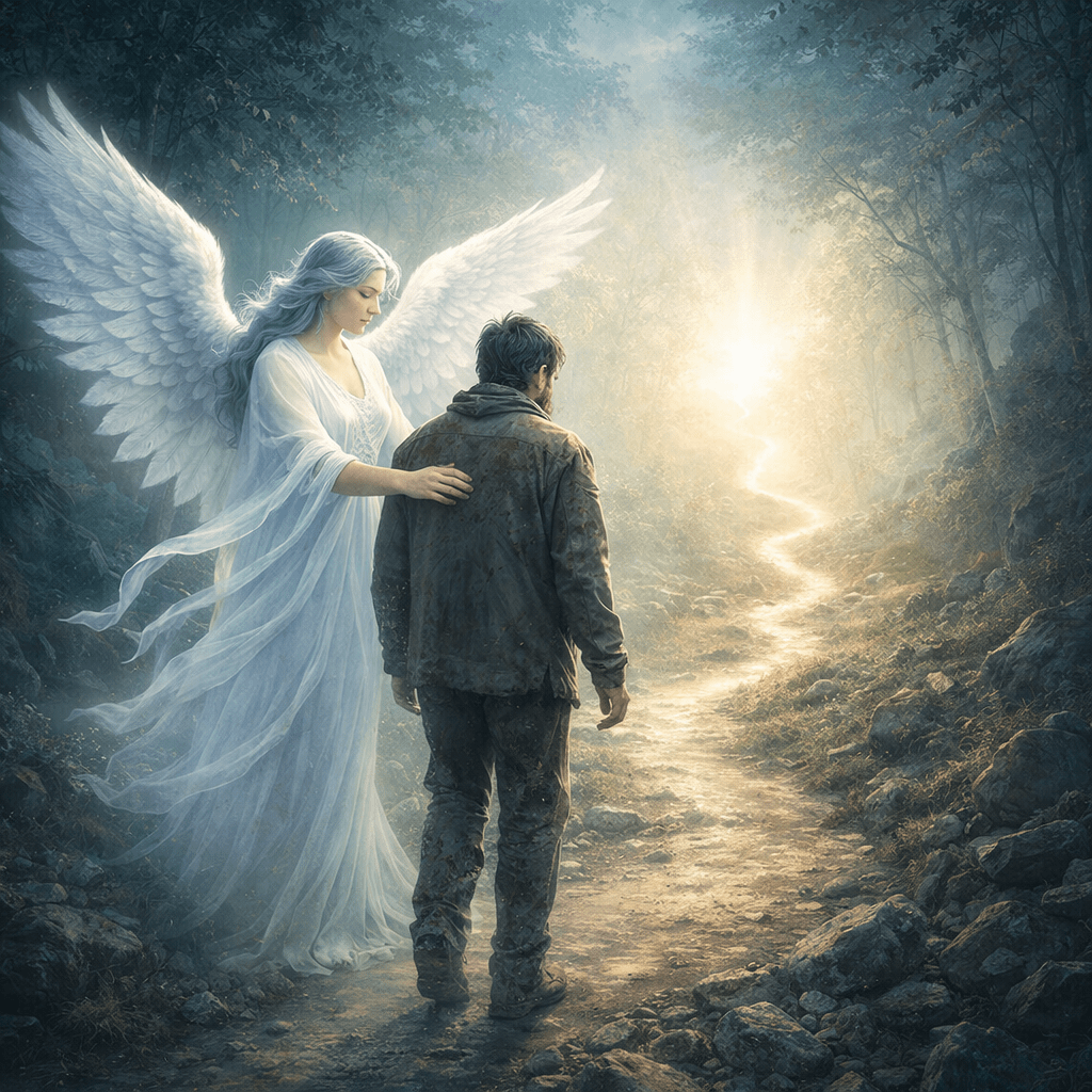 Angel with wings touching man walking by a glowing lake at sunrise