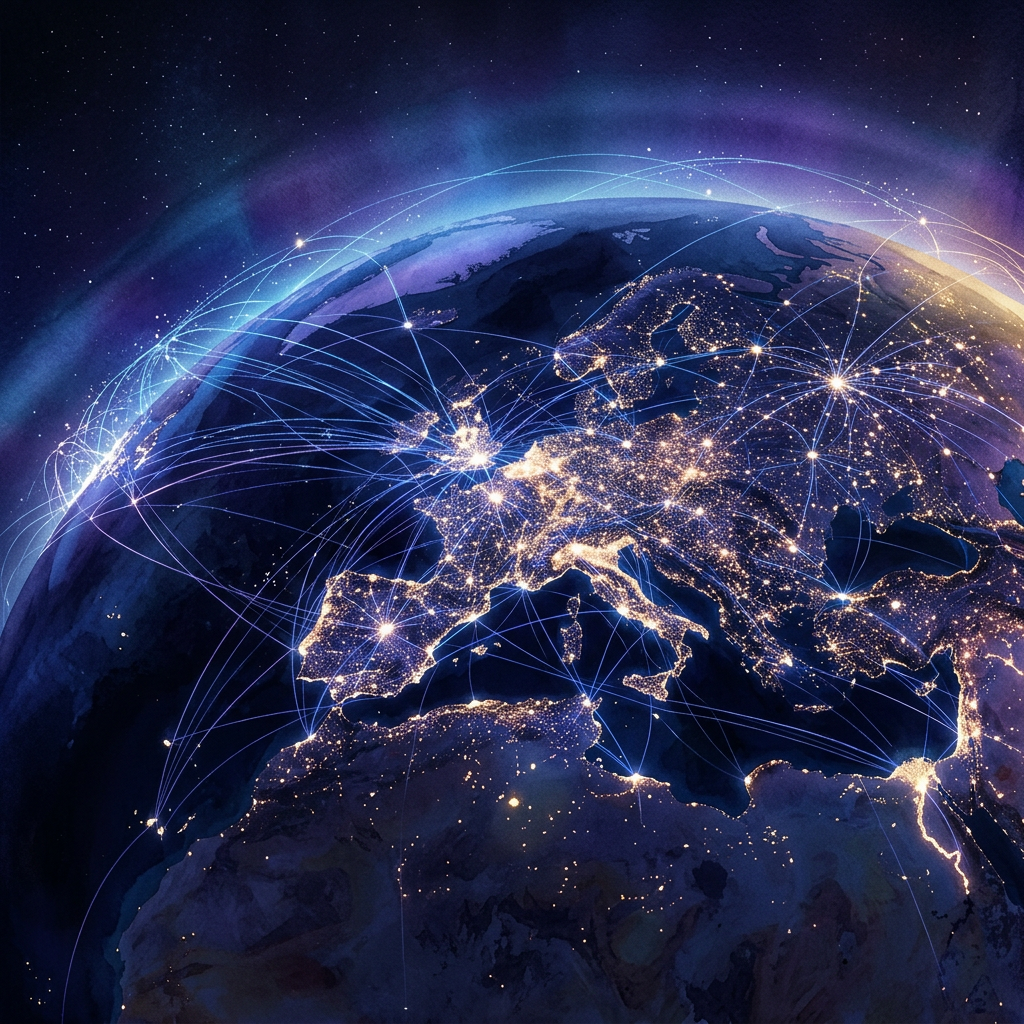 Earth at night showing Europe and Asia connected by glowing network lines