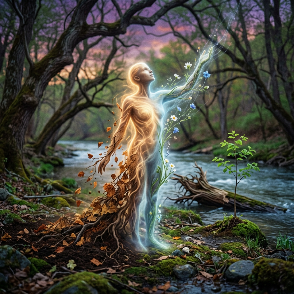 Luminous human figure transforming between autumn roots and spring flowers beside a forest stream